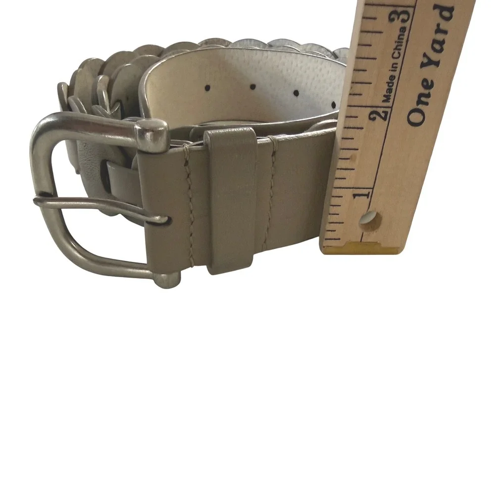 Vintage Wide Genuine‎ Leather Disc Link Belt Taupe Silver Buckle Boho Belt